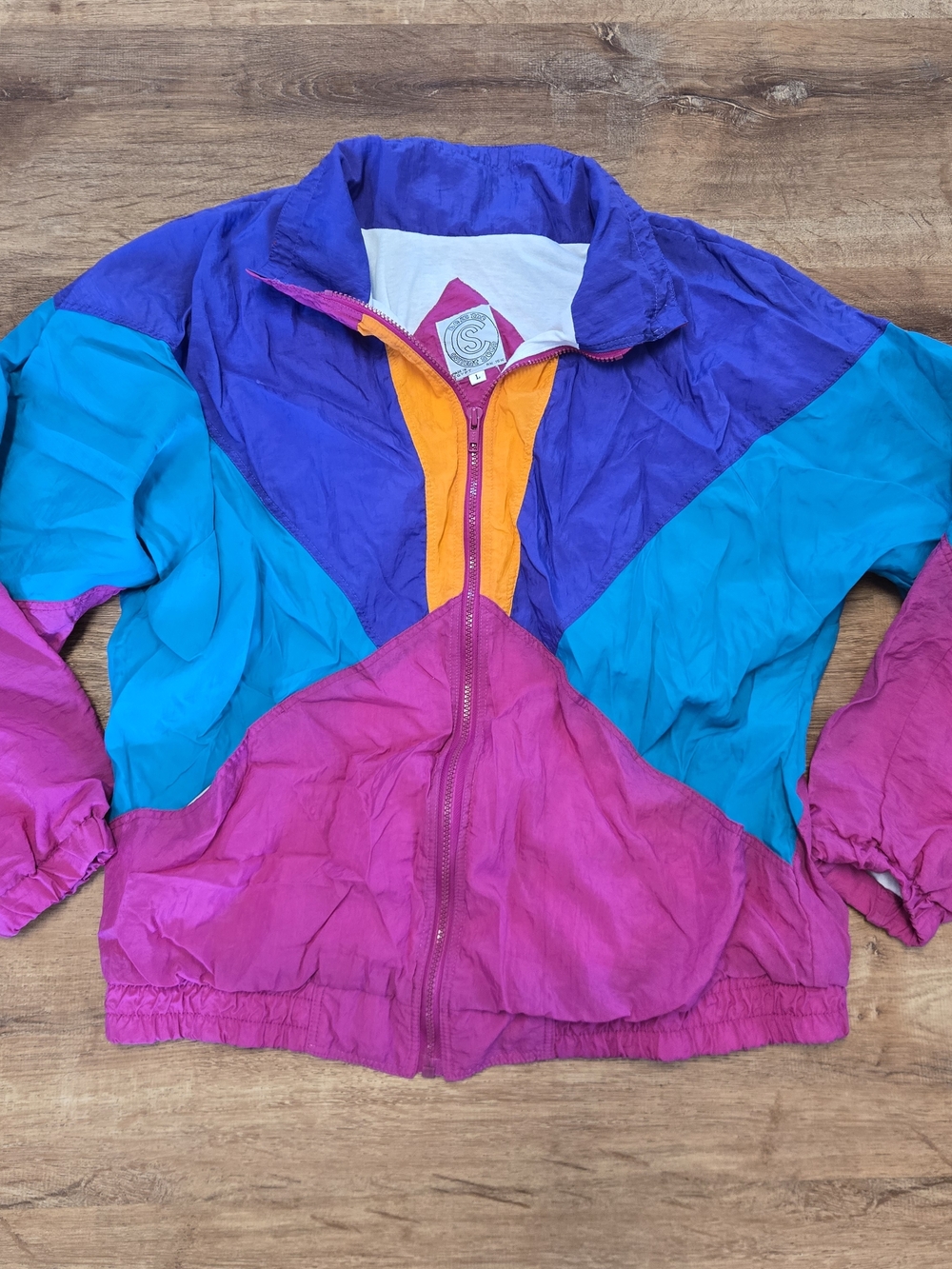 Vintage Retro Colorblock Windbreaker Jacket - Purple Teal Pink Large